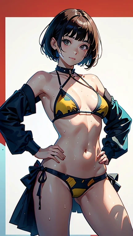 (Highest quality, masterpiece, High resolution)、(Anime Art)、 (reality)、Beautiful woman、(1 female)、18-year-old、(Please put your hands on your hips)、(Detailed depiction of a beautiful face)、Smiling Kindly、chest、Slim figure、medium short hair、semi-long、Two-tone hair、Wet、Sweat、bikini、micro bikini、A pareo skirt with bold ethnic patterns and plenty of primary colors、Realistic Skin、Wet、whole body、No zoom、No close-ups、Cinematic Light、Tropical colors、(Blank Background)、(White Background)、Perfect Face, Cute and symmetrical face, Glowing Skin, Sunburned skin, (short hair:1.2, Bobcut:1.2, Brown Hair), Asymmetrical bangs, Oil