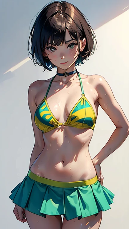 (Highest quality, masterpiece, High resolution)、(Anime Art)、 (reality)、Beautiful woman、(1 female)、18-year-old、(Please put your hands on your hips)、(Detailed depiction of a beautiful face)、Smiling Kindly、chest、Slim figure、medium short hair、semi-long、Two-tone hair、Wet、Sweat、bikini、micro bikini、A pareo skirt with bold ethnic patterns and plenty of primary colors、Realistic Skin、Wet、whole body、No zoom、No close-ups、Cinematic Light、Tropical colors、(Blank Background)、(White Background)、Perfect Face, Cute and symmetrical face, Glowing Skin, Sunburned skin, (short hair:1.2, Bobcut:1.2, Brown Hair), Asymmetrical bangs, Oil
