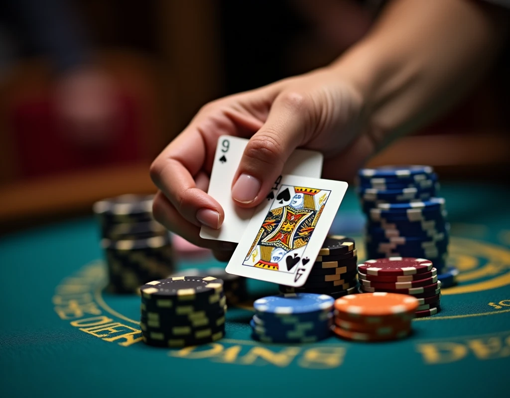 Side view shows a woman's hand holding a 9 of Spades and a King of Spades at a baccarat table. There are a lot of chips next to it. Blue and gold tone. Close-up. High definition.