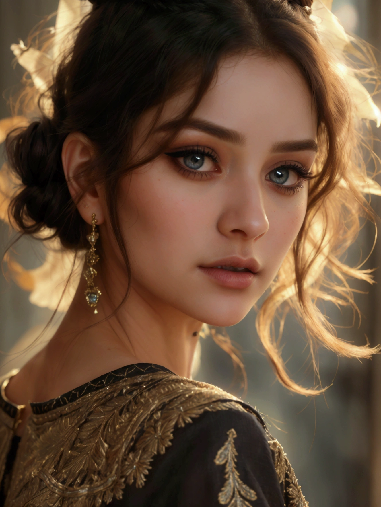 (((ultra realistic))) Photo, masterpiece, top quality, (pale skin), (Ultra detailed face and eyes:1.3), Indian 1 girl, in a beautiful black(goldon embroidery)dress, (Eye makeup, mascara) , (a close up portrait of a beautiful woman with long brown messy bun, curly hair), wearing a black dress, gorgeous detailed face, extremely beautiful delicate features, piercing eyes, luscious lips, flawless skin, stunning portrait, high quality, cinematic lighting, photorealistic, masterpiece, dramatic depth of field, soft elegant expression, elegant and serene, professional portrait photography, beautiful model, gorgeous female portrait, incredible realismof field, bokeh, (special attention to skin detail: 1.2), Detailed leather texture, skin pores. (Airy atmosphere of the frame), UDR, ((Film grain)), ((rays)), ((Glare)), ((side angle portrait, viewing towards the camera)) , ultra detailed,