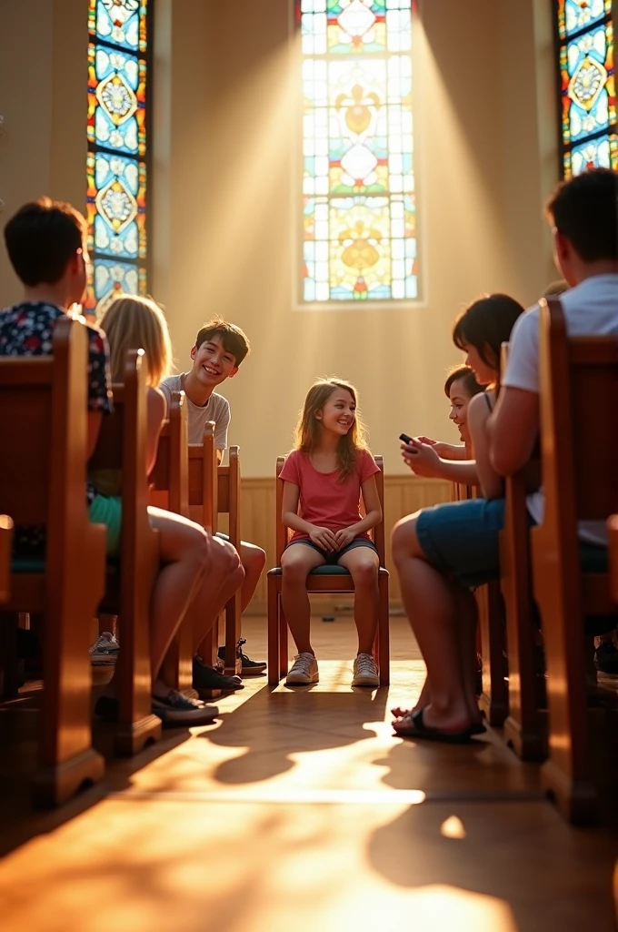 A group of church chairs where many happy young people are sitting , In the middle, there is an empty chair that makes the absence of a person noticeable