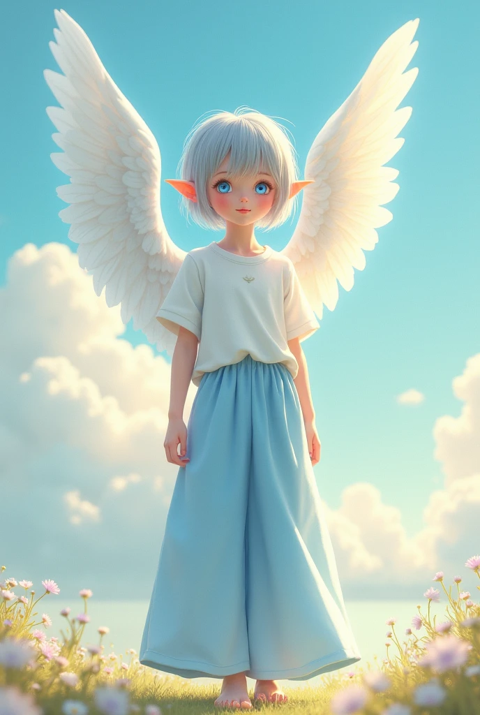 ((Best Quality)), ((masterpiece)), (detailed), (original), (realist), Girl , short ash-colored hair with light blue tips, clear light blue eyes, Elf's ears, adorable perfect face, angelic, Angel wings, White shirt, wide white and blue pants, sandals, barefoot,