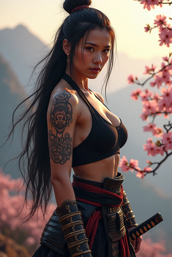 A female samurai with large bare breasts, Heavy muscles, Pink nipples,