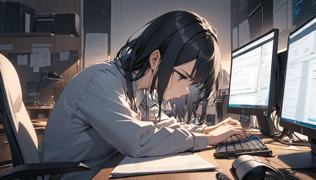 Highest quality,Working on a computer at a desk.,concentrated,Black Hair