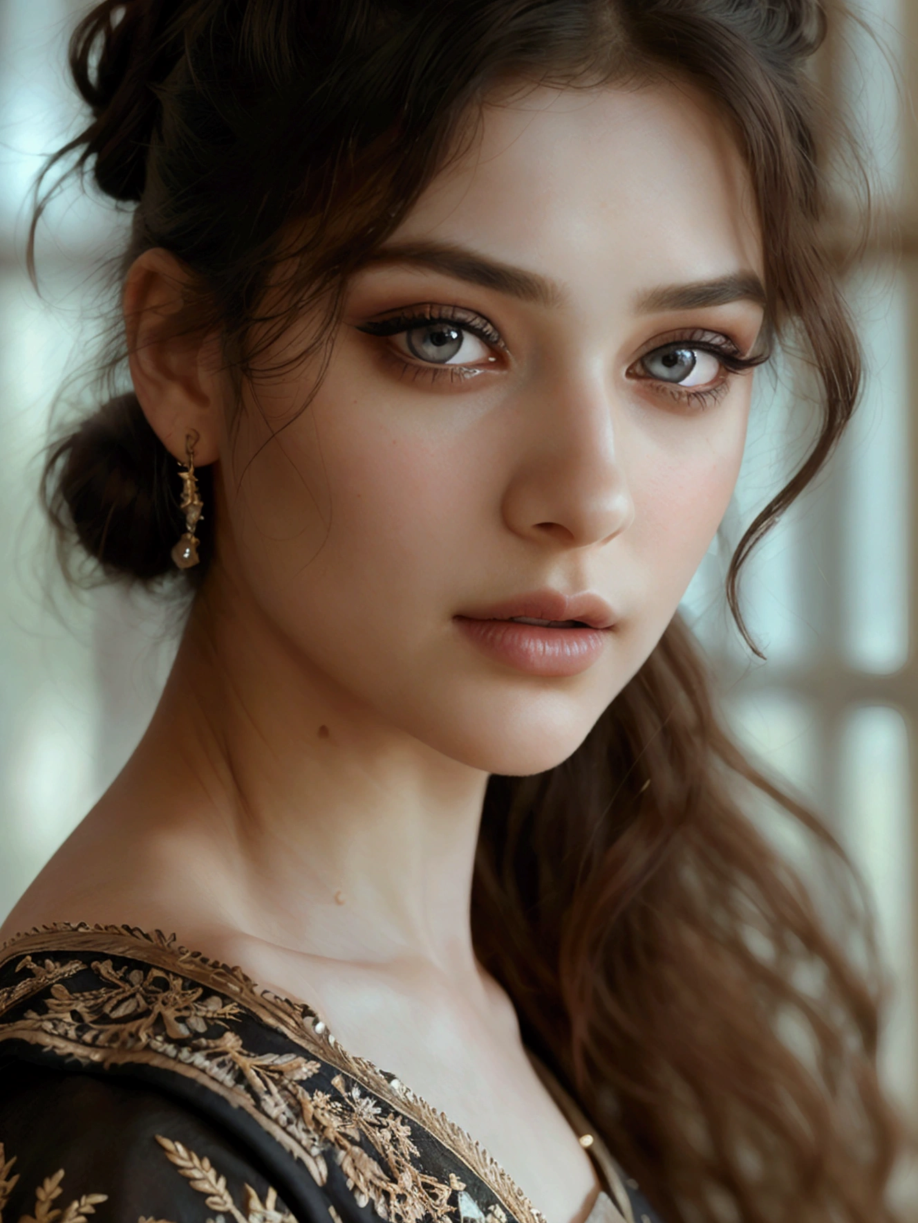 (((ultra realistic))) Photo, masterpiece, top quality, (pale skin), (Ultra detailed face and eyes:1.3), Indian 1 girl, in a beautiful black(goldon embroidery)dress, (Eye makeup, mascara) , (a close up portrait of a beautiful woman with long brown messy bun, curly hair), wearing a black dress, gorgeous detailed face, extremely beautiful delicate features, piercing eyes, luscious lips, flawless skin, stunning portrait, high quality, cinematic lighting, photorealistic, masterpiece, dramatic depth of field, soft elegant expression, elegant and serene, professional portrait photography, beautiful model, gorgeous female portrait, incredible realismof field, bokeh, (special attention to skin detail: 1.2), Detailed leather texture, skin pores. (Airy atmosphere of the frame), UDR, ((Film grain)), ((rays)), ((Glare)), ((side angle portrait, viewing towards the camera)) , ultra detailed,