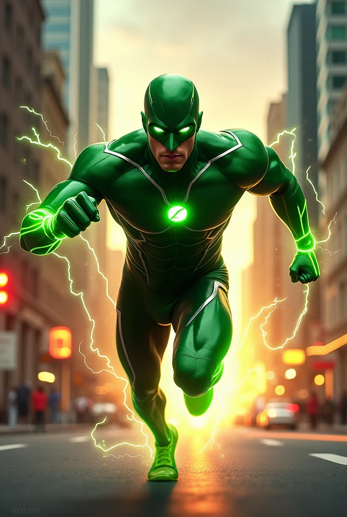 Male speedster hero. Primarily green suit. Secondary color black. Silver accents.