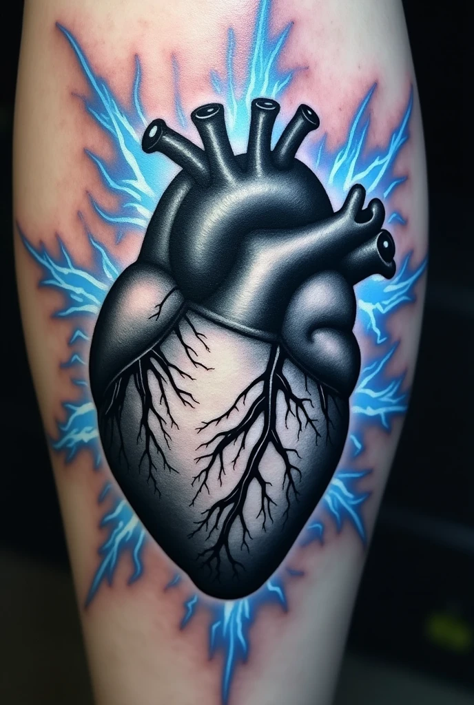 Real heart tattoo in black and white with blue electric rays