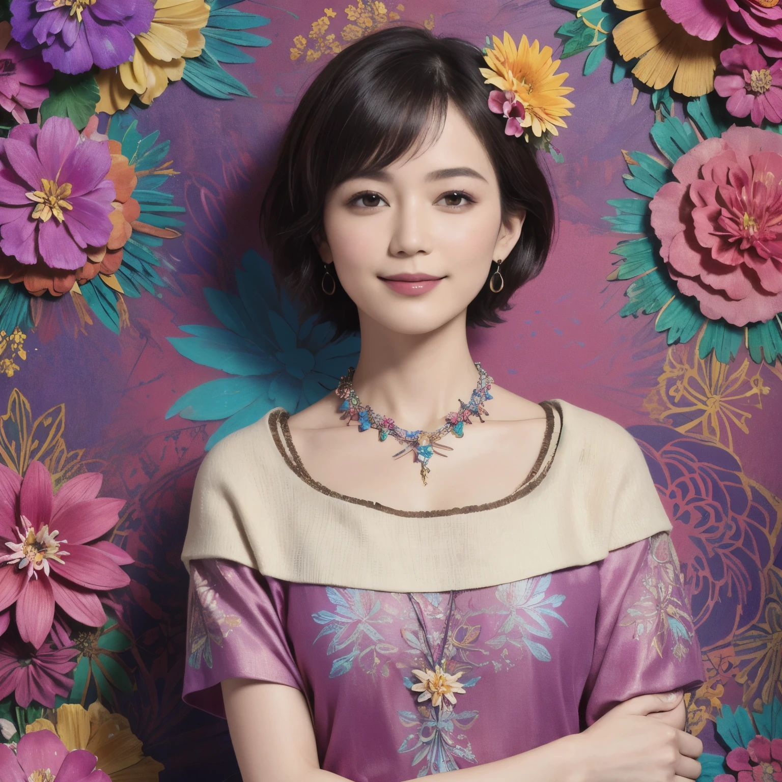272 (20-year-old woman,short hair), (masterpiece, Highest quality, beautiful:1.2), Very detailed, (Fractal Art:1.1), (colorful:1.1), (flower:1.3), whole body, (Abstract background:1.3), (Many colors:1.4), (Old-fashioned smile), (Hawaii)