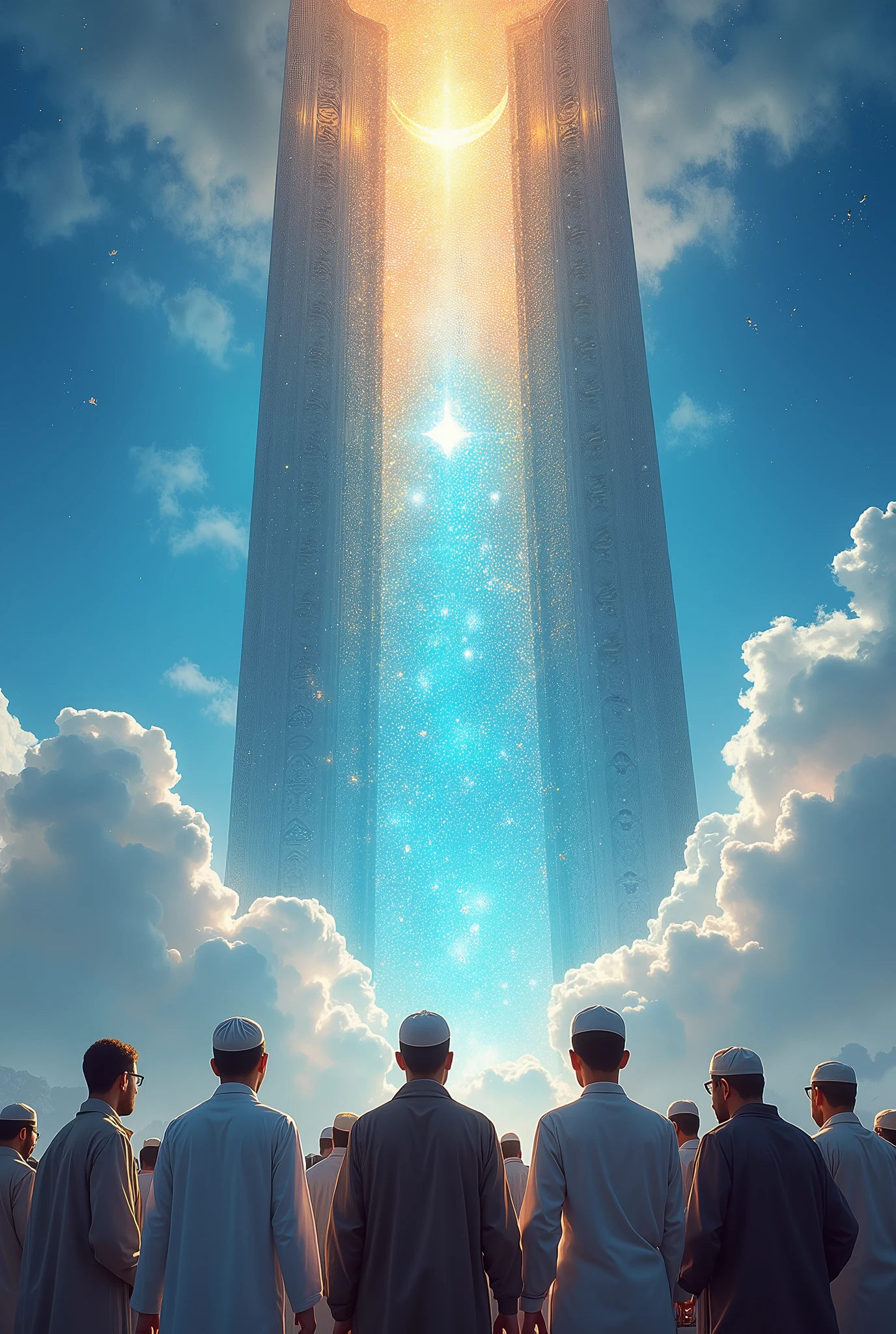 The beautiful wall of heaven, with the sky in the background and many Muslim people wearing caps looking at the wall are shocked to see the wall