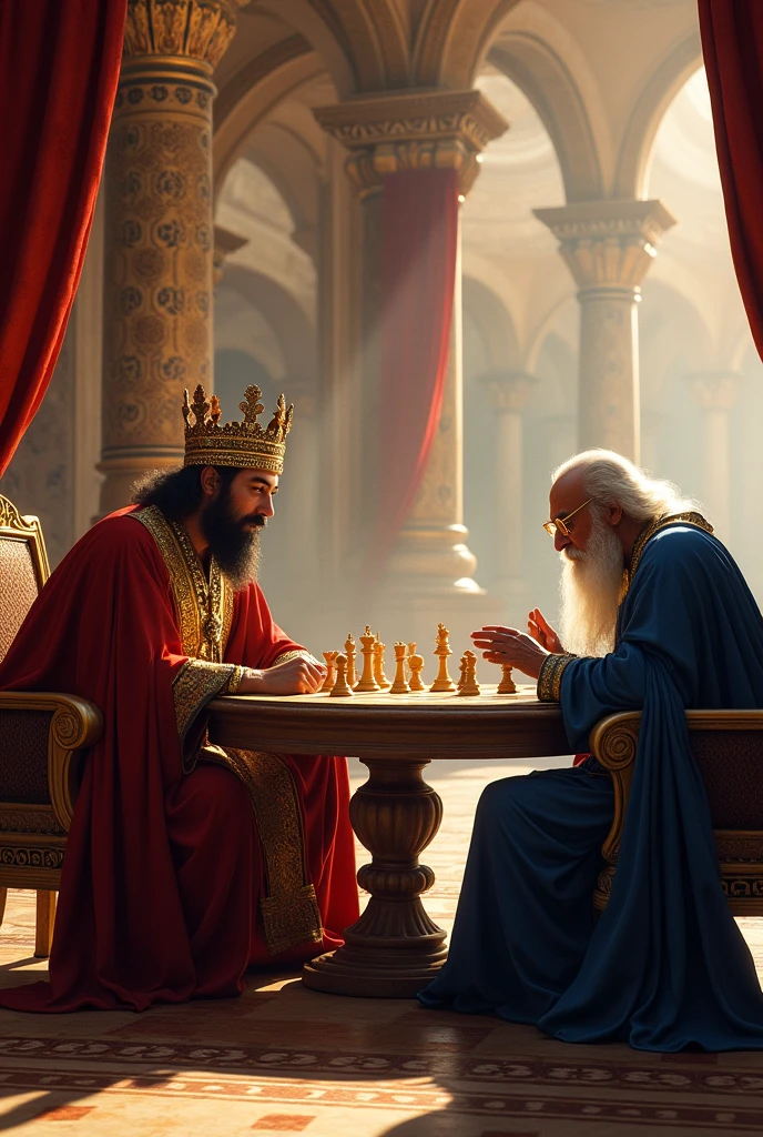 The king and the vizier are playing chess in a beautiful palace.