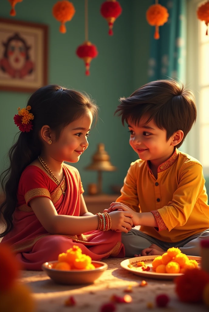 Sister ties Rakhi to her brother and brother is smiling. Sister's face is very beautiful.

