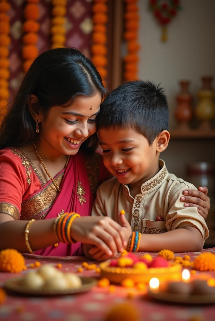 Sister ties Rakhi to her brother and brother is smiling. Sister's face is very beautiful.