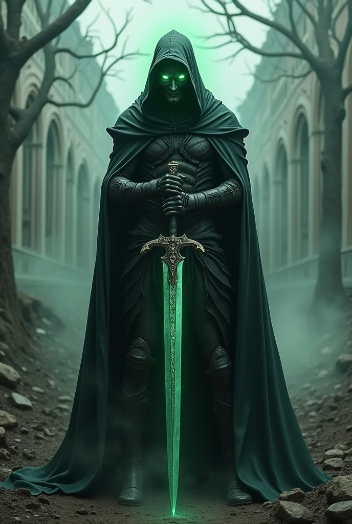 Generate an image of a zombie wielding a sword who has time manipulation powers, wearing black armor, He has bright green eyes and wears a hood and cloak, and his face is completely covered.