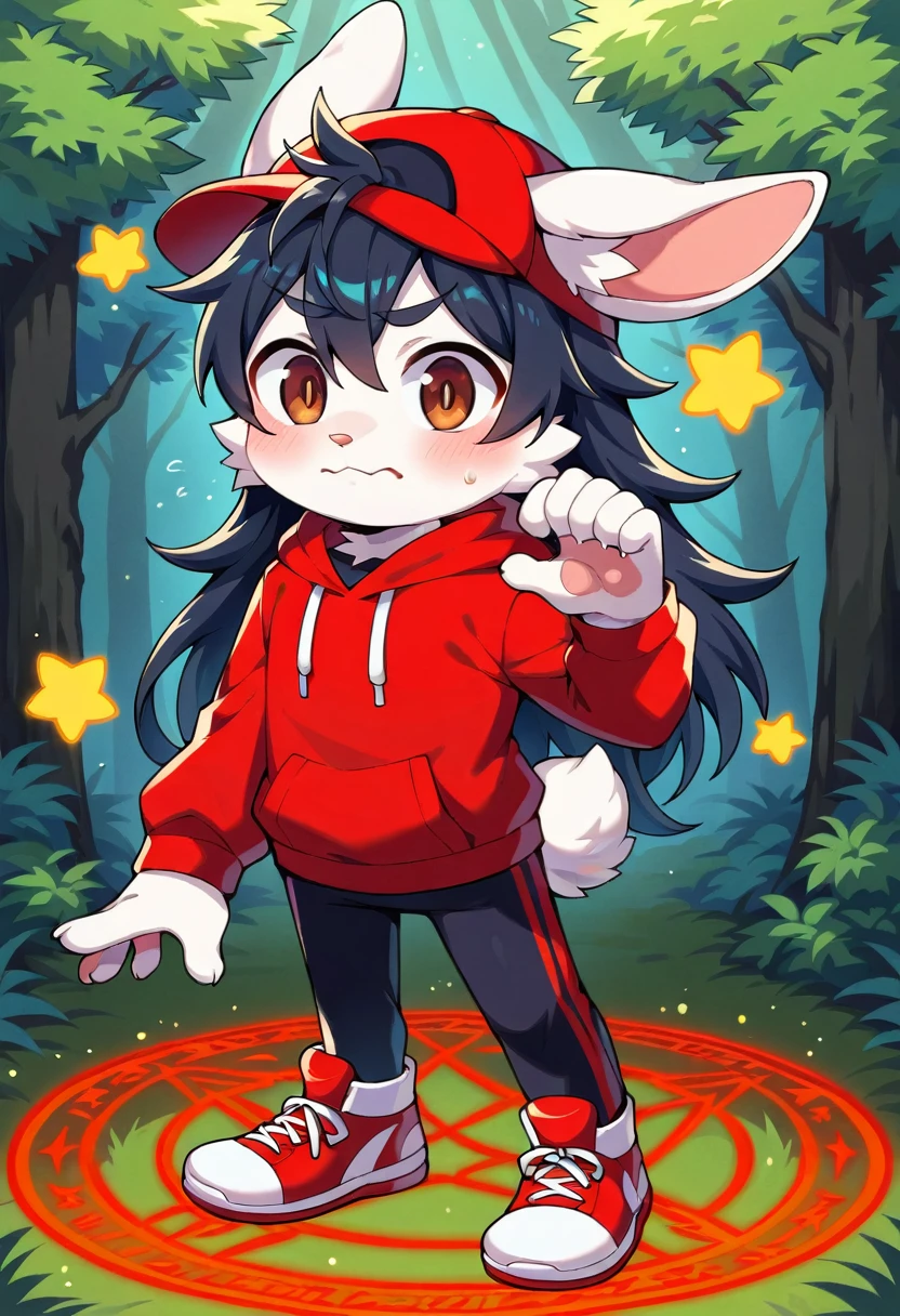masterpiece, best quality, expressive eyes, perfect face, a man get transformed into a furry bunny, furry bunny, white fur, bunny tail, bunny ears, solo, surpriced, blushed, black hair, long hair, red baseball cap, black shirt, red hoodie, black sports pants, red sport shoes, brown eyes, full body, in a magic forest, glitter, embarrassed pose, magic circle on the floor. chibi
