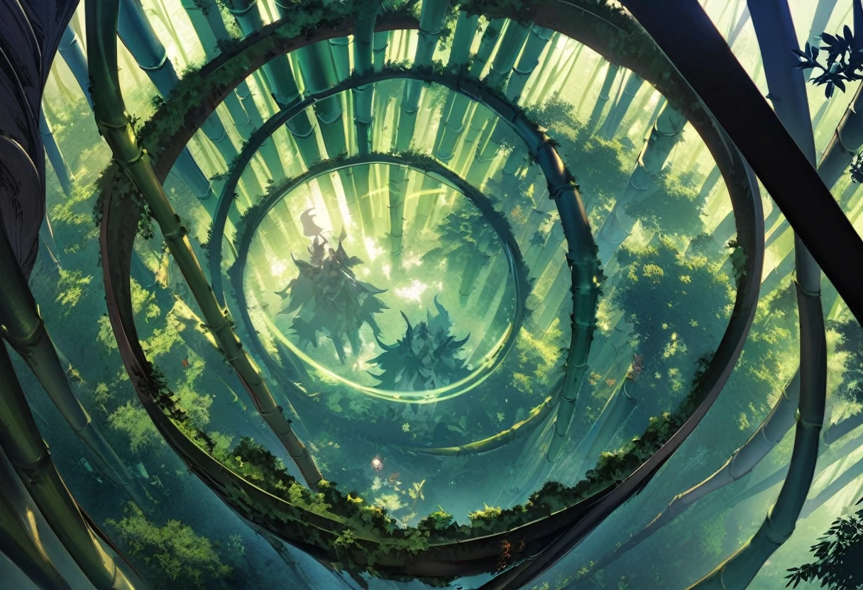 Bamboo Forest, 2 fantasy oriental dragons Yin and Yang chase one another in circles disturbing the canopy of the forest, high fantasy, viewed from above looking down at an angle
