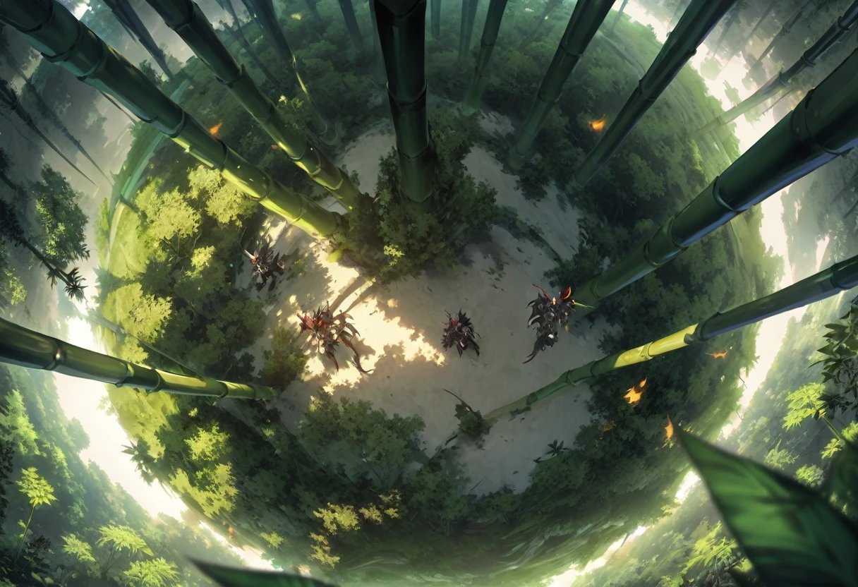 Bamboo Forest, 2 fantasy oriental dragons Yin and Yang chase one another in circles disturbing the canopy of the forest, high fantasy, viewed from above looking down at an angle