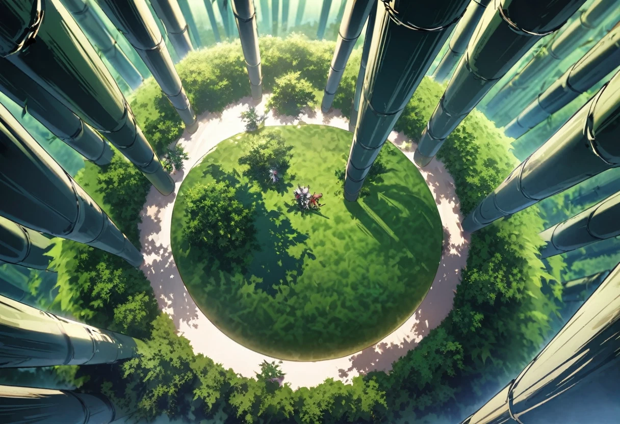 Bamboo Forest, 2 fantasy oriental dragons Yin and Yang chase one another in circles disturbing the canopy of the forest, high fantasy, viewed from above looking down at an angle