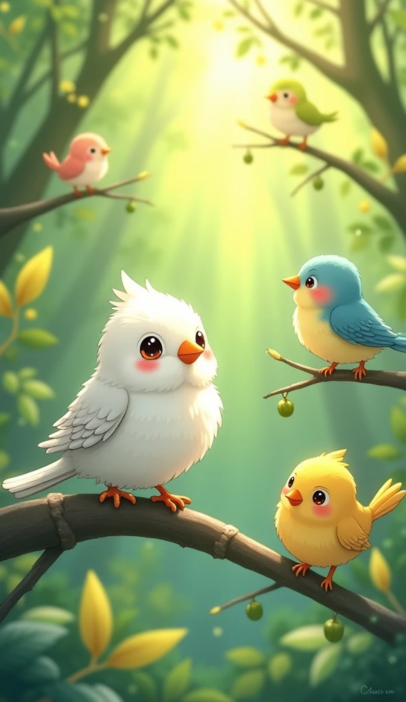 A small white bird is perched on a branch、Surrounded by other birds in a sunlit forest,Anime illustration,cute