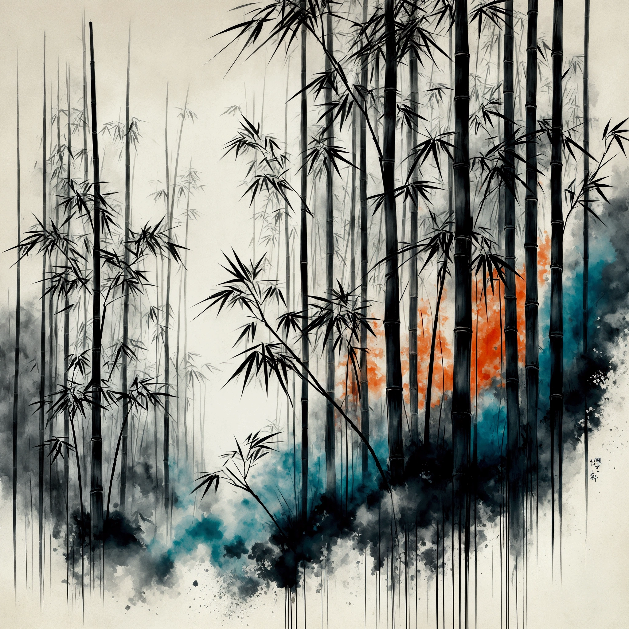 A unique and artistic interpretation of a bamboo forest, blending traditional Chinese ink painting techniques with modern abstract art elements. The bamboo stalks are tall and slender, with their leaves gently swaying, depicted in a monochromatic color palette with splashes of vibrant, unexpected colors like deep blues and fiery oranges. The background features a dreamy, ethereal mist that adds depth and mystery to the scene. The overall composition is dynamic, with exaggerated angles and fluid lines, creating a sense of movement and life within the serene forest.