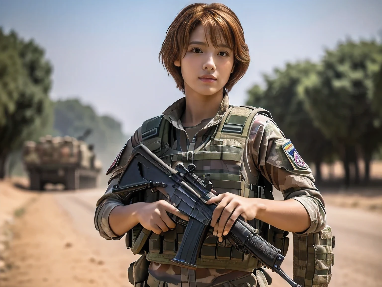 Alafed truck with gun on back, 18-year-old female Afghan soldier, French Special Forces, Heavily armed, Taliban, Kurdish soldiers, Heavy Armor, Military Vehicles, Military weapons, Military equipment, truck, Camouflage, special forces security, modern Military equipment, (Possessing an automatic rifle:1.5), gun posing in front of truck A female soldier, ((masterpiece, Highest quality, Best image quality, High resolution, Realistic, RAW Photos, 8k)), ((Highly detailed CG synthesis 8k wallpaper)), (Huge and stunning goddess shot, Very hot and sexy, Incredible beauty, Perfect Proportions, Beautiful body, Slim body beauty:1.4),((Realistic natural orange red hairstyle)), ( Short Bob Hair:1.5),