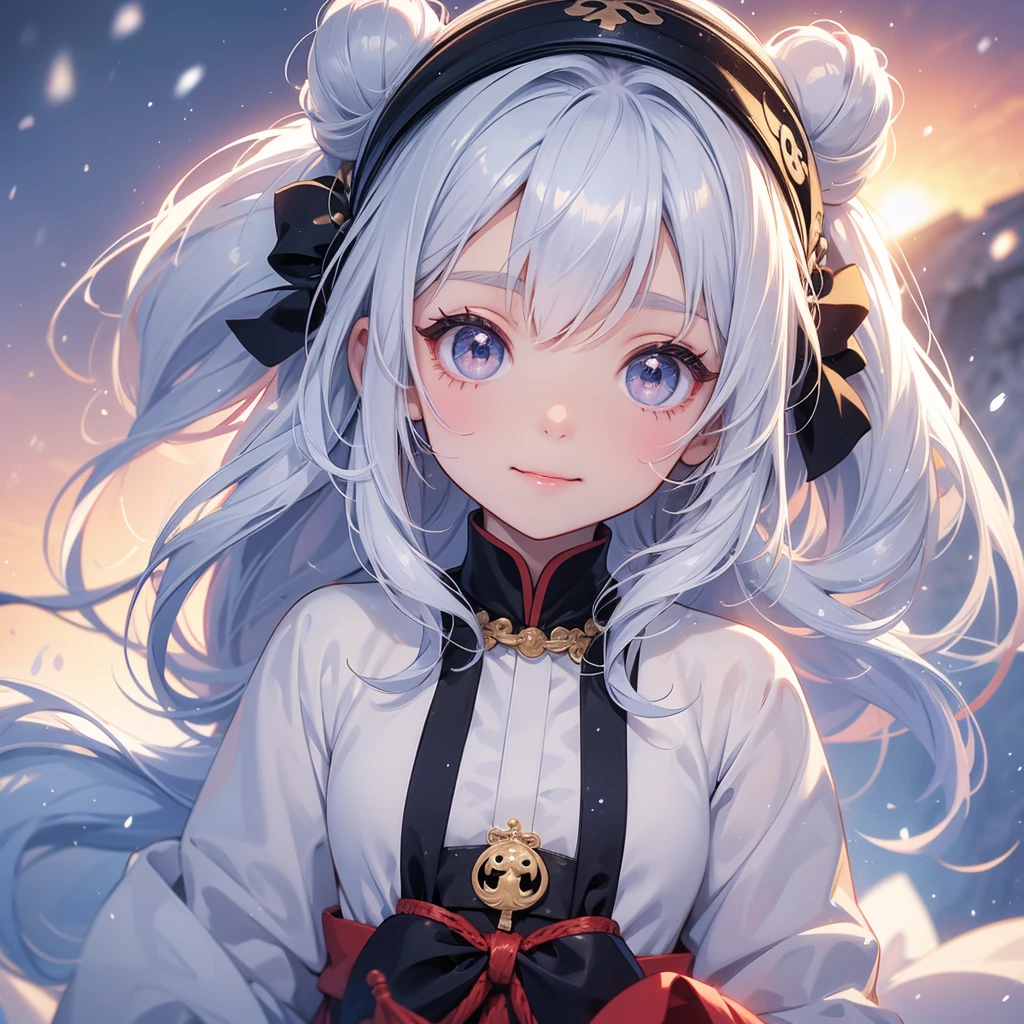 A chibi  girl had a small and Wearing a little Taoist priest's outfit. A pair of big round eyes shone with curiosity about him. This child was te! Amidst the pure white snow, the snow is falling lightly, watching the snow fall one by one, her hair is black with two buns on her hair.small chibi, chaby, smiling ,Chibinset.
