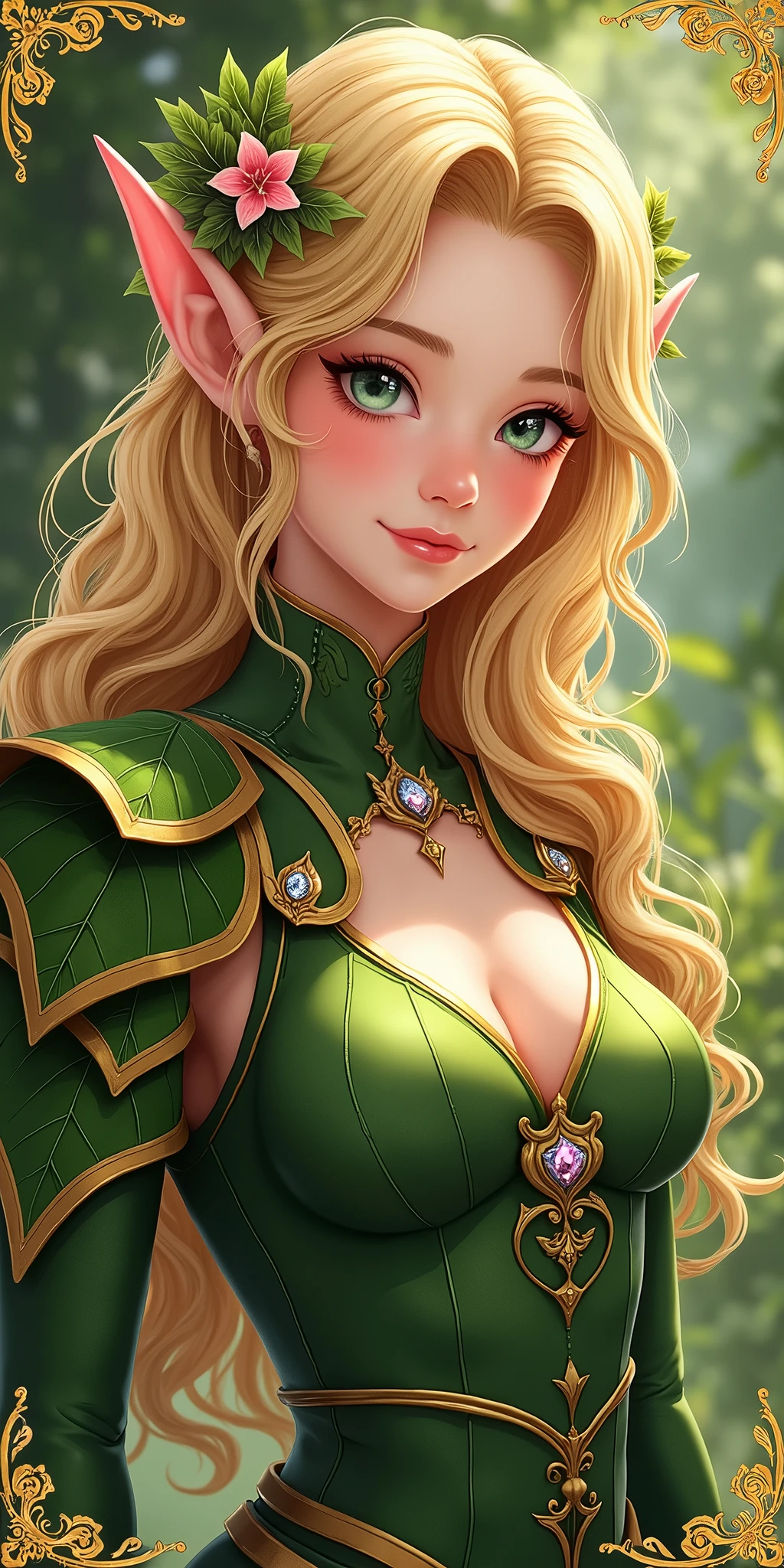 (best quality, ultra-detailed, photorealistic: 1.39), bright and vibrant colors, studio lighting, romantic expression, An effeminate elf, with a delicate and beautiful face. golden design on the edges of the image symbolizing rare nature elf card, with golden edges on the card, golden haired, a An elf with voluminous curly blonde hair, large breasts, wearing nature armor using an armor of leaves, flowers and precious stones on the armor, beautiful smile in a dominant pose emanating elemental magic, nature as a background, fantasy anime style, she is female knight, anime style, Anime Bishoujo