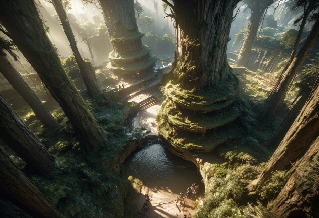 A mysterious and enchanted bamboo forest, 2 fantasy oriental dragons Yin and Yang chasing each other in graceful circles, disturbing the lush canopy, high fantasy landscape viewed from above at an angle, detailed intricate scales, dramatic lighting, vibrant colors, cinematic composition, detailed foliage, volumetric lighting, dramatic shadows, photorealistic, 8k, (best quality,4k,8k,highres,masterpiece:1.2),ultra-detailed,(realistic,photorealistic,photo-realistic:1.37),fantasy,concept art,digital painting