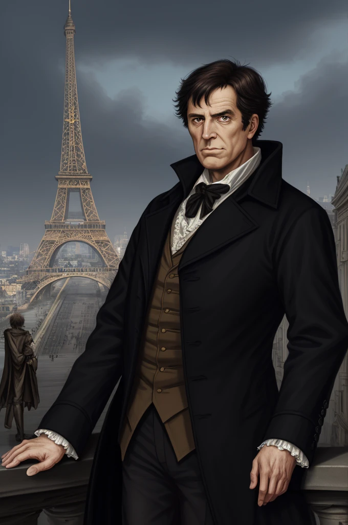 Highest quality, masterpiece, High resolution,，（Jacques Hébert），French，French Revolution politician，（French cityscape_background），Middle-aged men，semi-long，Anime Style, 4K, alone，whole body， looking at the camera, ，Black Hair，Brown_coat， Hyper Detail, (Intricate details),