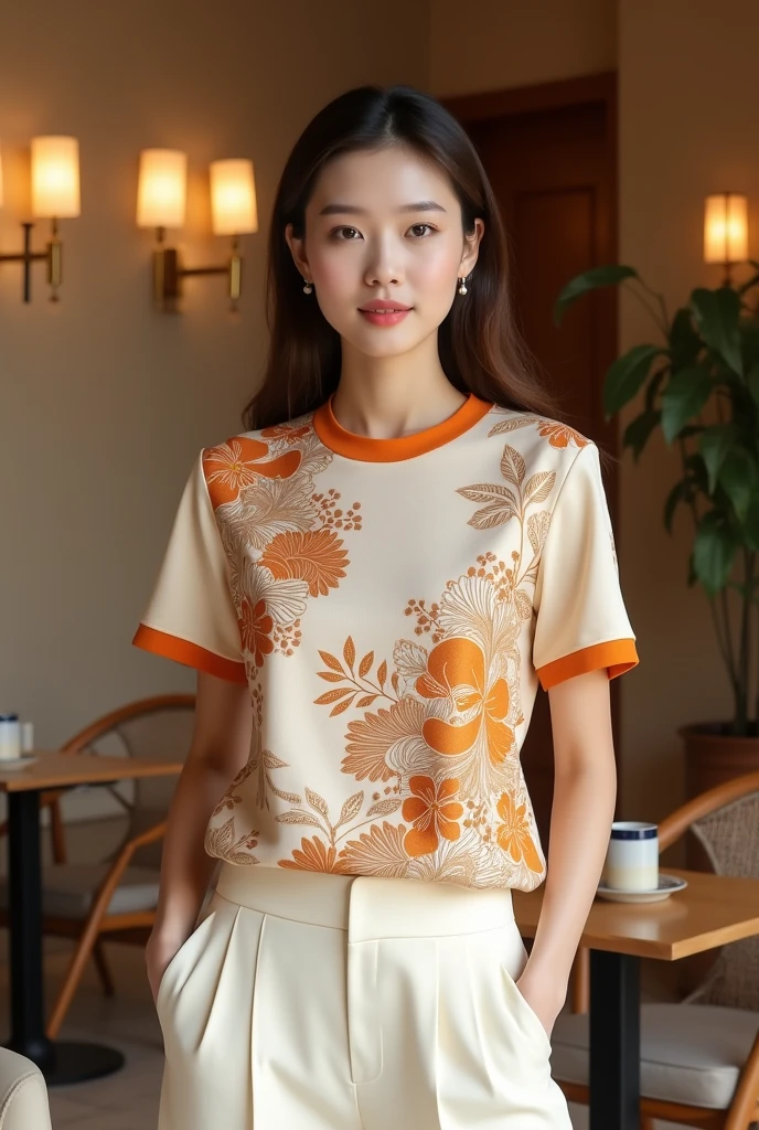 Image 8: Model wearing a light beige T-shirt with brown sleeves and a lotus leaf print on the body. Brown leather shorts. Luxurious elegant style. Background with rice white walls, chairs, lamps