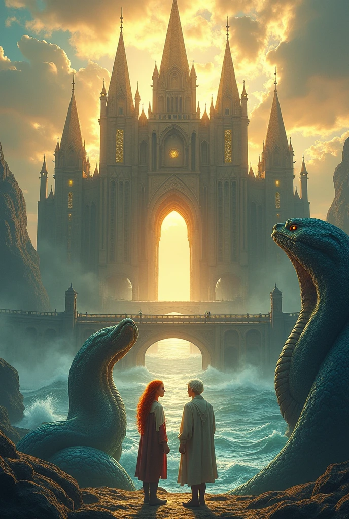 A massive ancient Norse divine sanctuary, a large golden bridge, a golden horn, In the middle of the ocean, a man with red hair and another man with short white hair, pale and delicate, are looking at each other, and a huge, magnificent blue serpent is looking ahead.