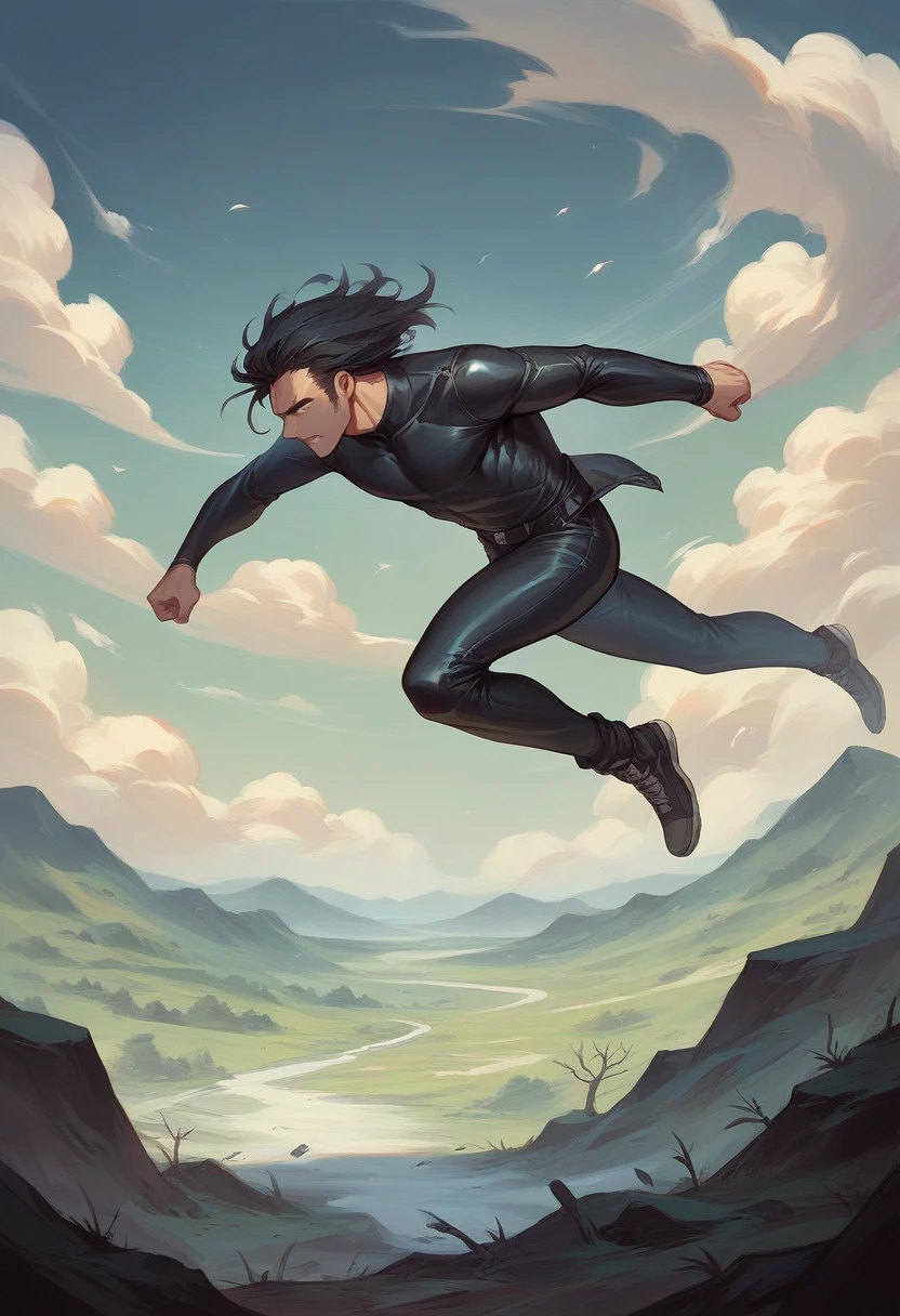A woman with black hair, He's wearing a tight black leather suit, He is running with his companions on a rocky ground, There are many clouds and fog, there are many trees around it., The sky is gray