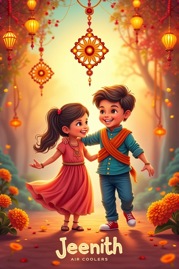 Create a happy raksha bandhan poster for my company jeenith air coolers add my company name at bottom create beautifully