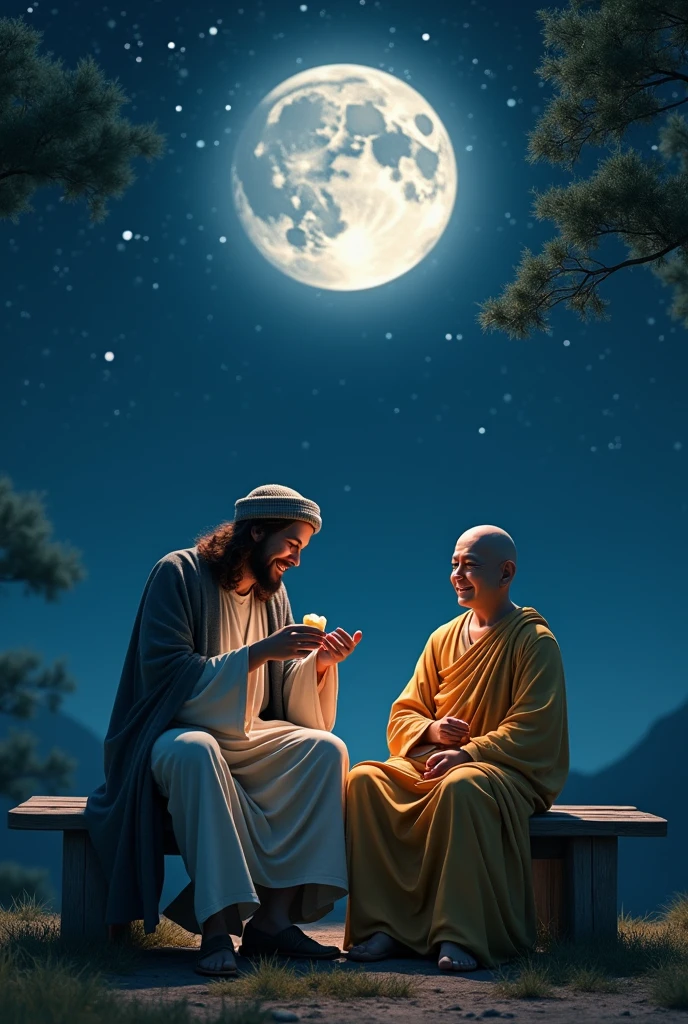 Jesus Christ and Buddha sitting on a bench and eating tri-colored dumplings while looking at the full moon. they are shining. they are laughing together. The three-colored dumplings are pink, white, and yellow. Jesus is wearing a gray coat over an off-white knit top, jeans, and a knit hat. Jesus of Nazareth is depicted as a gentle, gentle man with shoulder-length hair. His wavy brown hair cascades over his shoulders. His face conveys deep wisdom and empathy, radiating warmth and understanding. The other man is a Japanese man whose short nose and slit eyes convey deep wisdom and empathy, exuding warmth and understanding. night sky. Orion, constellation. illuminated by the light of the full moon. Japanese Autumn Photography, Highly Detailed, Trending at Art Station, Sharp Focus, Studio Shot, Intricate Details, Greg Rutkowski,