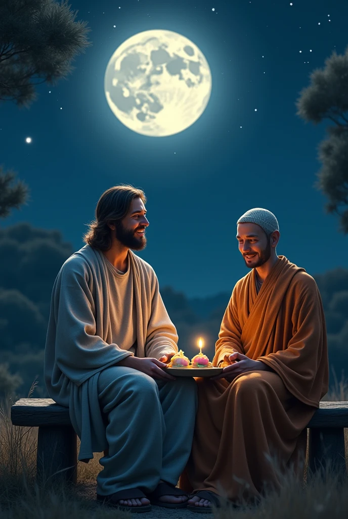 Jesus Christ and Buddha sitting on a bench and eating tri-colored dumplings while looking at the full moon. they are shining. they are laughing together. The three-colored dumplings are pink, white, and yellow. Jesus is wearing a gray coat over an off-white knit top, jeans, and a knit hat. Jesus of Nazareth is depicted as a gentle, gentle man with shoulder-length hair. His wavy brown hair cascades over his shoulders. His face conveys deep wisdom and empathy, radiating warmth and understanding. The other man is a Japanese man whose short nose and slit eyes convey deep wisdom and empathy, exuding warmth and understanding. night sky. Orion, constellation. illuminated by the light of the full moon. Japanese Autumn Photography, Highly Detailed, Trending at Art Station, Sharp Focus, Studio Shot, Intricate Details, Greg Rutkowski,