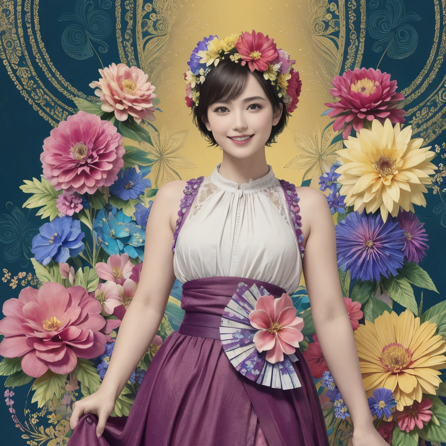 272 (20-year-old woman,short hair), (masterpiece, Highest quality, beautiful:1.2), Very detailed, (Fractal Art:1.1), (colorful:1.1), (flower:1.3), whole body, (Abstract background:1.3), (Many colors:1.4), (Old-fashioned smile), (Hawaii)