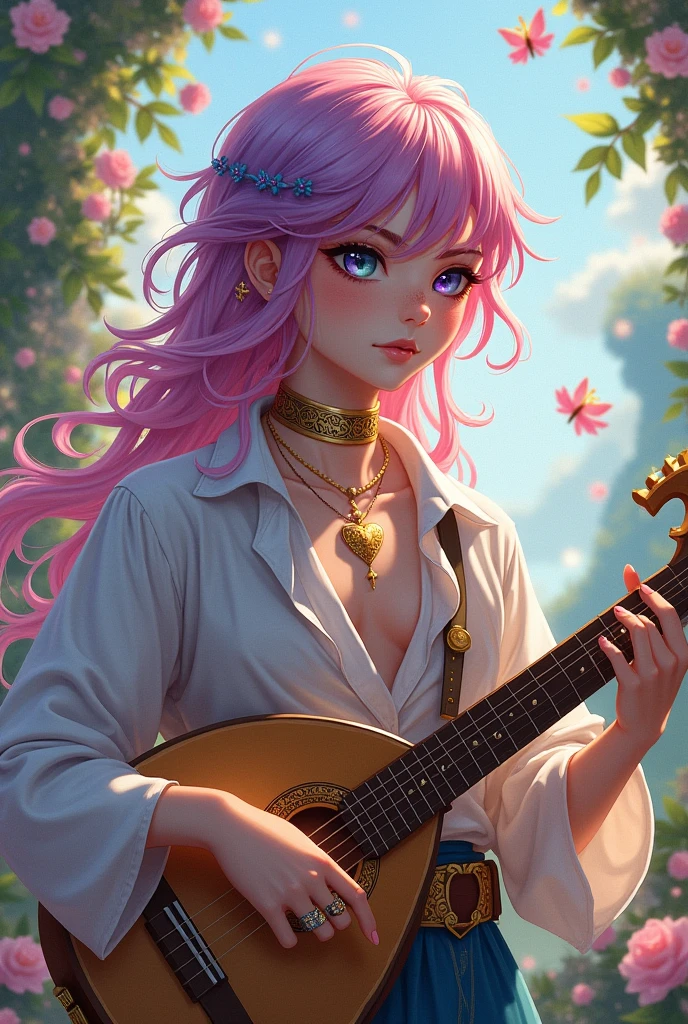 A femboy boy, her hair is pink, purple and blue, Your eyes are different colors, one is purple and the other green, his skin is white and delicate and is covered in a shiny golden powder that is like makeup, he also has magical runes tattooed on his body, he is of noble origin and his father is a genius, he loves to adventure, Of butterflies and flowers, he is a bard and always carries his beautiful lute and his beautiful sword, he likes to wear delicate rings, a choker and a heart necklace, your nails are also delicate and painted.