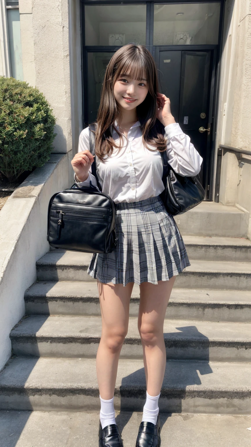 ((masterpiece)),(((Highest quality))),Thin thighs,Long legs,An 18-year-old high school girl standing on the school steps,White shirt,Blue and white plaid mini skirt:1.5,The best smile,Short bob with side waves:1.5，Carrying a black backpack，wear black loafers，Facing the front and spreading legs:1.5，large breasts, bangs, perfect body shape