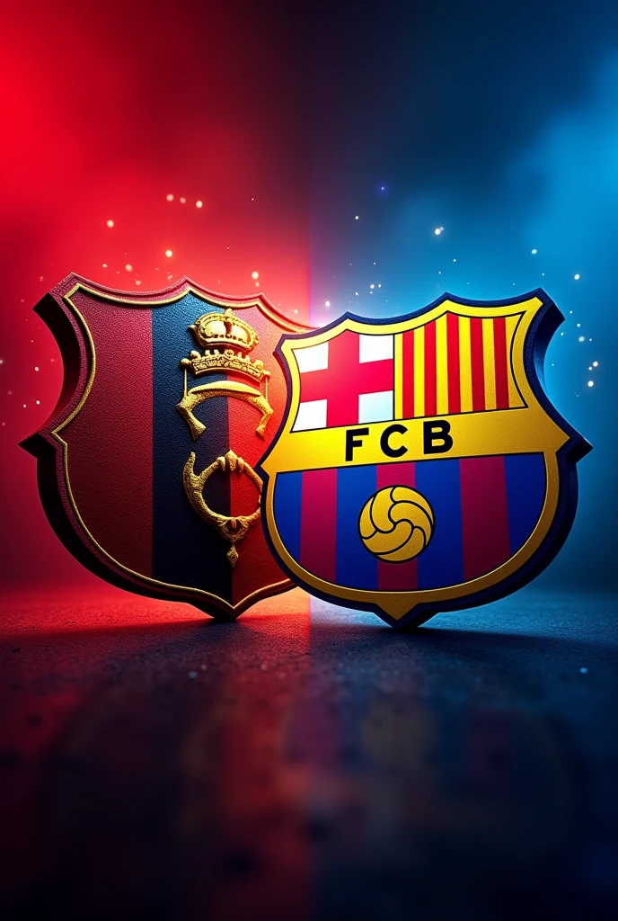 The image is the following two shields. The first is the shield of Clube de Regatas do Flamengo and the other shield is that of Barcelona, one against the other. This is for a video cover, make a creative one against the other.