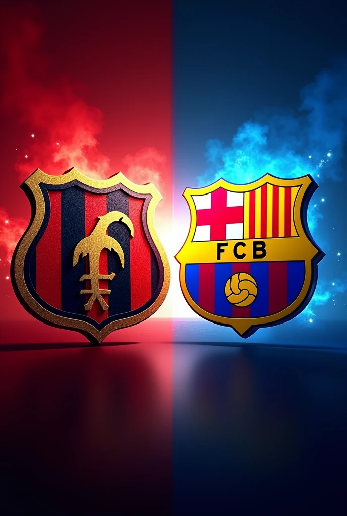 The image is the following two shields. The first is the shield of Clube de Regatas do Flamengo and the other shield is that of Barcelona, one against the other. This is for a video cover, make a creative one against the other.