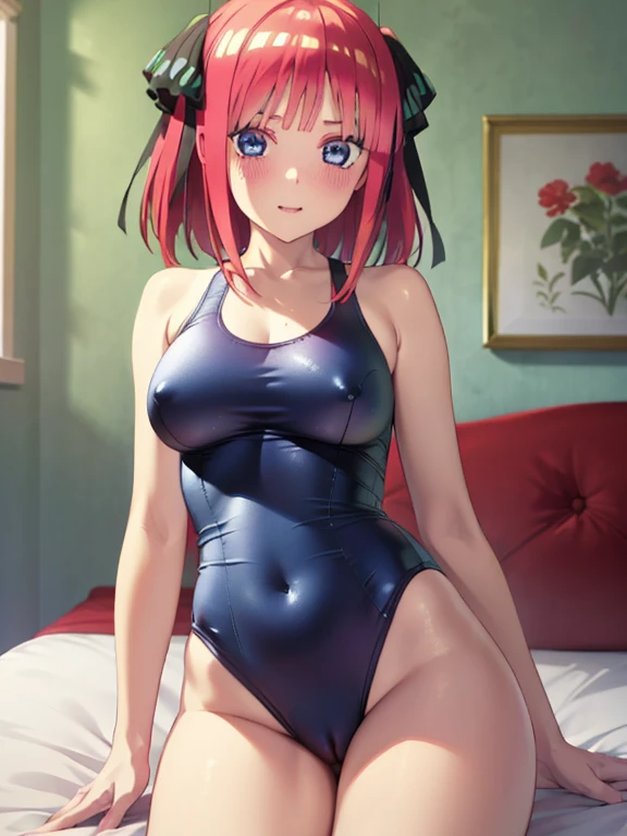 best quality, insanely detailed, nino nakano, breasts, blush, bedroom background, looking at viewer, cheerful eyes, masturbation, pussy, nsfw,arousal, one-piece swimsuit