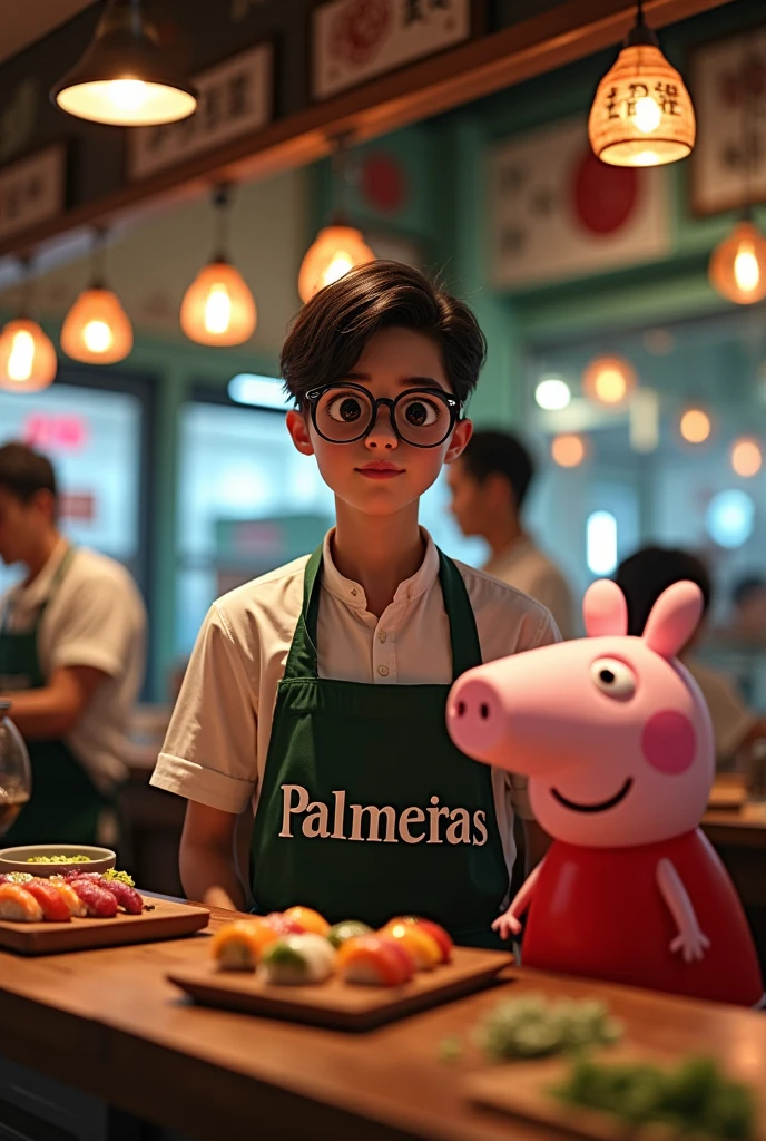 A guy with glasses, a dark guy with short hair and piercing, a Japanese man with sushi and a Peppa wearing a Palmeiras shirt