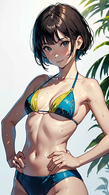 (Highest quality, masterpiece, High resolution)、(Anime Art)、 (reality)、Beautiful woman、(1 female)、18-year-old、(Please put your hands on your hips)、(Detailed depiction of a beautiful face)、Smiling Kindly、chest、Slim figure、medium short hair、semi-long、Two-tone hair、Wet、Sweat、bikini、micro bikini、A pareo skirt with bold ethnic patterns and plenty of primary colors、Realistic Skin、Wet、whole body、No zoom、No close-ups、Cinematic Light、Tropical colors、(Blank Background)、(White Background)、Perfect Face, Cute and symmetrical face, Glowing Skin, Sunburned skin, (short hair:1.2, Bobcut:1.2, Brown Hair), Asymmetrical bangs, Oil