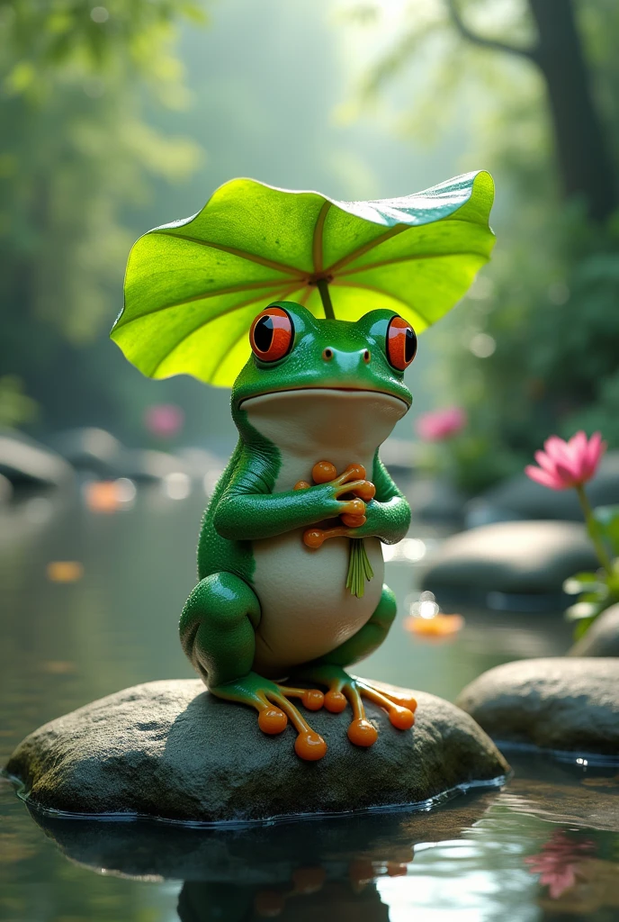 A fat green tree frog，Ultra-realistic，high resolution，Standing with a lotus leaf umbrella，letters on the screen,The background is a small stream deep in the mountains