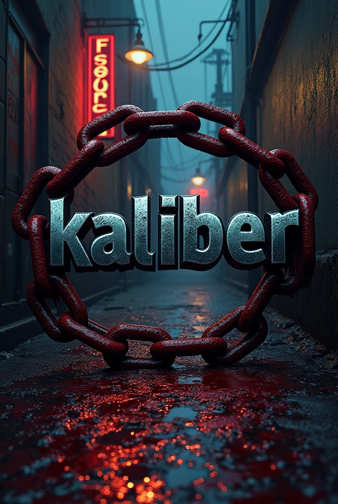 The word kaliber with a bloody chain going around it