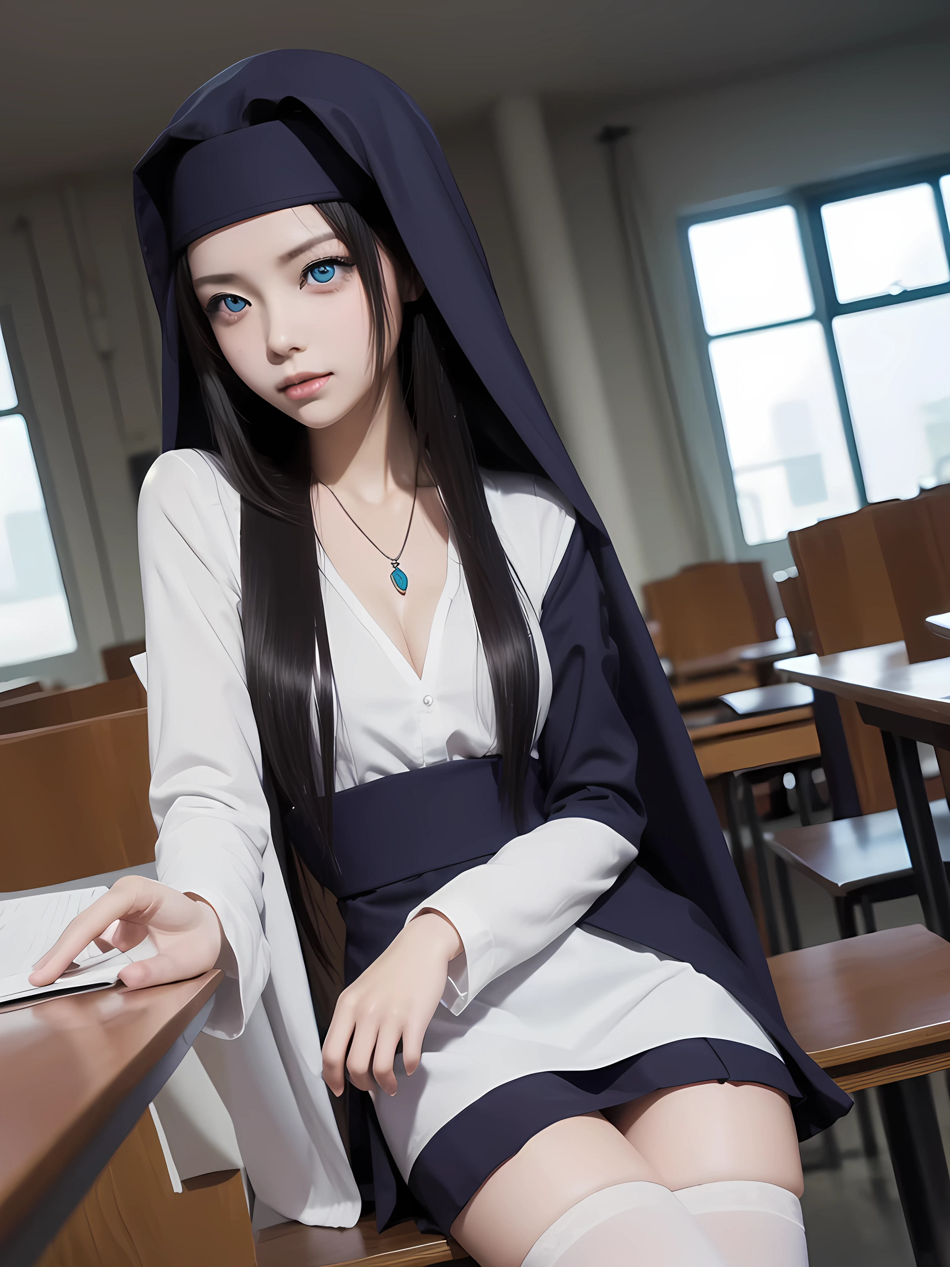 mariatakayama, maria takayama, long hair, blue eyes, fang, aqua eyes,
BREAK jewelry, heart, necklace, nun, habit, white short skirt, mid thigh stockings
BREAK indoors, classroom, seated on desk
BREAK (masterpiece:1.2), best quality, high resolution, unity 8k wallpaper, (illustration:0.8), (beautiful detailed eyes:1.6), extremely detailed face, perfect lighting, extremely detailed CG, (perfect hands, perfect anatomy)