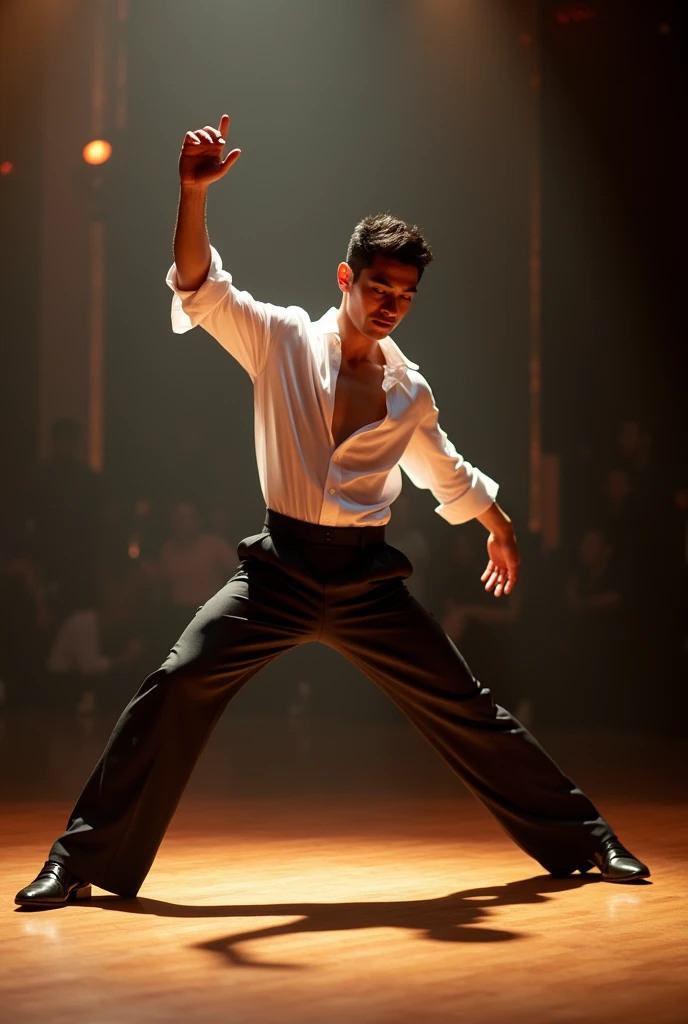 male dancer, asian guy, latinamerican dance, hitting a pose, right hand up, left hand on body, split straight legs, strong atmosphere,looking down, white latin shirt, black srousers, tapered shaped, whole body,