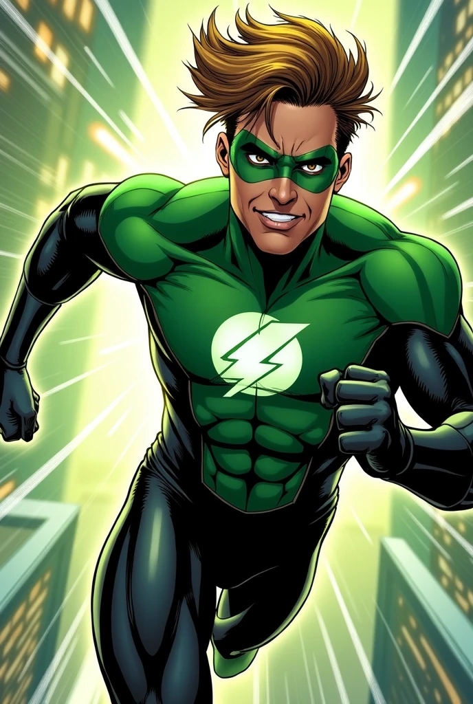 Male speedster hero. Primarily green suit. Secondary color black. Silver accents. Mask that lets hair out. Lightning bolt symbol on chest.
