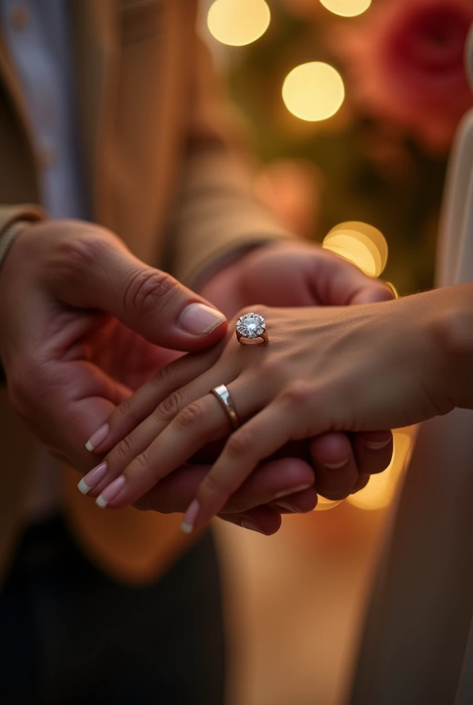 Hands close-up, Putting a ring on the ring finger, A proposal from a man to a woman, Aesthetic Diamond Sparkle, Close-up from above