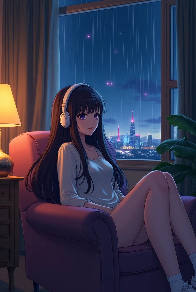night、Listen to music in a cozy room, Use headphones, 2D Style Anime, Rain outside the window、Analog Color Theme、Ghibli style、neon, naked, completly naked, close, Detailed Background, Chill, Detailed outdoor, Detailed face, City lights, Long Hair, smile、More anime-like