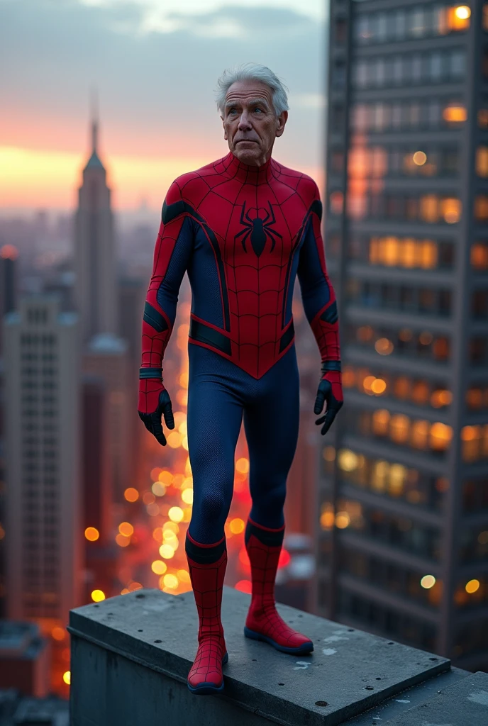The 60-year-old man got out of bed wearing a red spider suit . He went to the city and transformed into Spider-Man standing in front of the house with a 3D 4K man image